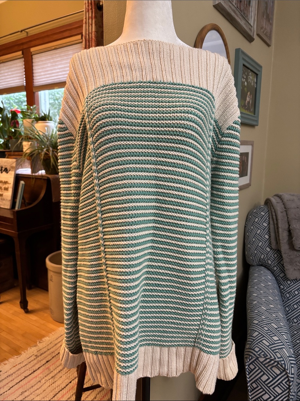 Y2K “Old Navy” Vintage sage green and cream striped ribbed Sweater, Size XXL